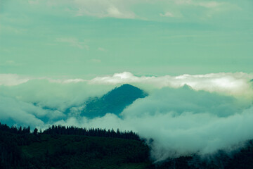 Dawn in the Carpathians, between the mountains above the river fog
