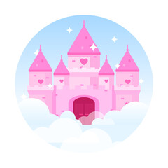 Obraz na płótnie Canvas Flat vector illustration of princess castle in clouds. Fairytale dream palace with gate and heart shape windows
