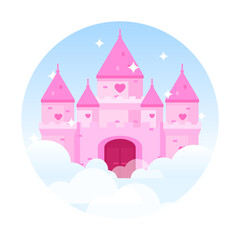 Obraz premium Flat vector illustration of princess castle in clouds. Fairytale dream palace with gate and heart shape windows