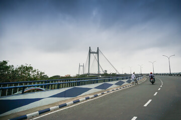Fototapeta na wymiar Vidyasagar Setu (Bridge) over river Ganges,known as 2nd Hooghly Bridge in Kolkata,West Bengal,India. Connects Howrah and Kolkata, two big cities of West Bengal. Longest Cable - stayed bridge in India.