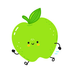 Cute funny running green apple. Vector hand drawn cartoon kawaii character illustration icon. Isolated on white background. Running green apple concept