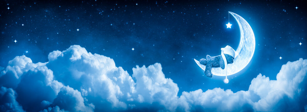 Teddy Bear Sleeping On Glowing Crescent Moon In Starry Night With Fluffy Clouds