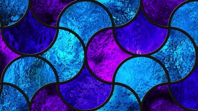 Stained glass window. Transparency. Animated modern looping stained glass window. Abstract footage. Blue and purple light. Blur background. Glow. Seamless. Motion. Translucent. Loop footage. 4k