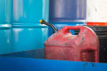 A gasoline or diesel fuel canister which is placed at factory chemical storage area. Industrial...