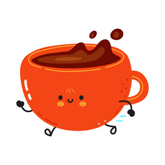 Cute funny running cup of coffee. Vector hand drawn cartoon kawaii character illustration icon. Isolated on white background. Running cup of coffee concept