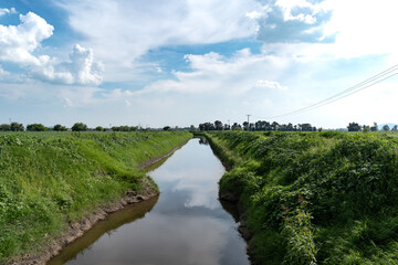 Obraz premium landscape with river and sky, Lerma river in Salamanca, Guanajuato, Mexico. Nature concept.