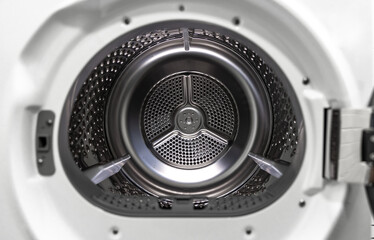 Interior view of a washing machine, dryer.