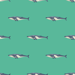 Seamless pattern Fin whale on green background. Template of cartoon character of ocean for fabric.