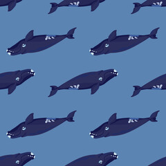 Seamless pattern right whale on blue background. Template of cartoon character of ocean for fabric.