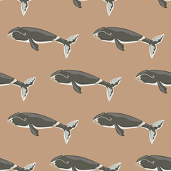 Seamless pattern Bowhead whale on brown background. Template of cartoon character of ocean for children.