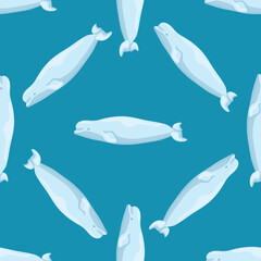 Seamless pattern Beluga on blue background. Template of cartoon character of ocean for children.
