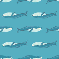 Seamless pattern Blue whale on light blue background. Template of cartoon character of ocean for fabric.