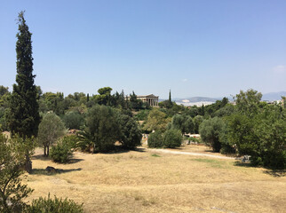 The Temple of Hephaestus or Hephaisteion, a well-preserved Greek temple that remains standing largely intact, seen from the the Stoa of Attalos at the ancient Agora of Athens.