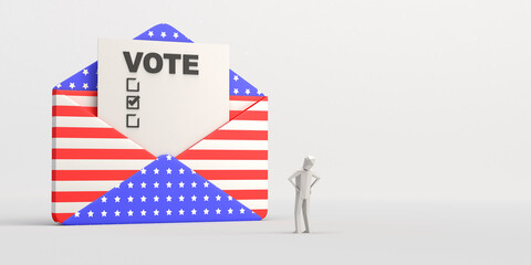 Person in front of envelope with voting ballot with the flag of the United States with indecision on whom to vote. Banner. 3d illustration.