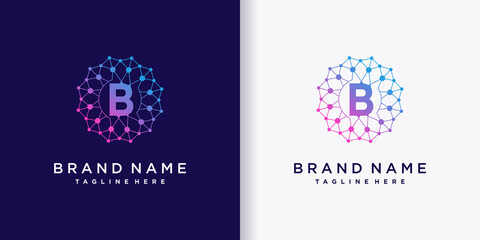 Creative monogram logo design technology initial letter b with line art and dot style