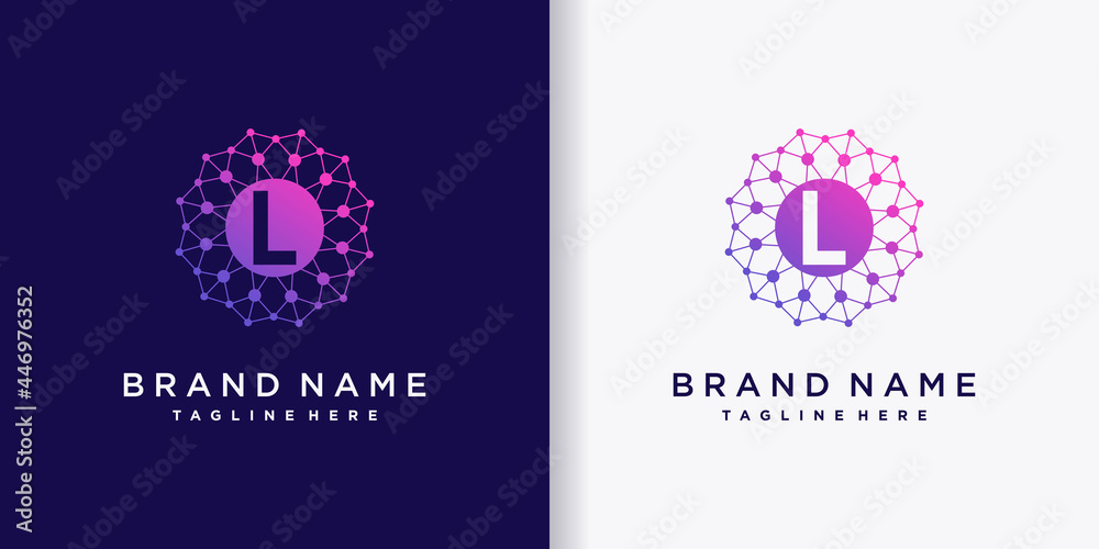Fototapete abstract monogram logo design technology initial letter l with line art and dot style