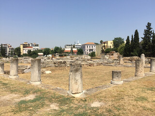 The ruins of the Pompeion at Kerameikos in Athens, Greece. It was the potters' quarter of the city and was also the site of an important cemetery and numerous funerary sculptures.