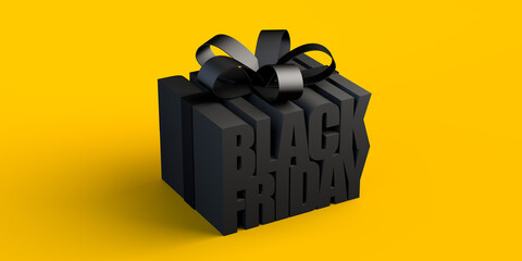 Black friday lettering simulating a gift box. 3d illustration. Banner. Background.