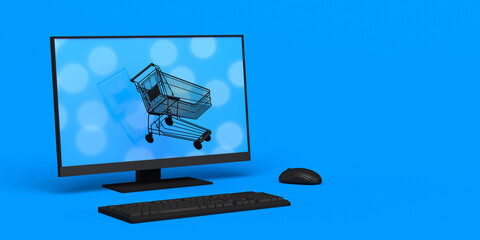 Cyber ​​monday banner. Background with computer and online shopping cart.  