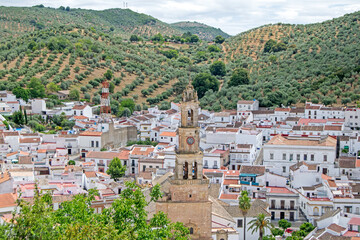 Fototapeta na wymiar Constantina, one of the most beautiful villages on the North Seville Mountain with the church tower in the center, Andalusia, Spain