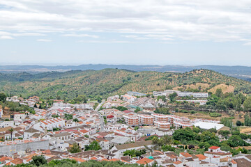 Fototapeta na wymiar Constantina, one of the most beautiful villages of the North Seville Mountain with the church in the center of the photo, Andalusia, Spain