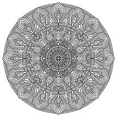 mandala with linear ornaments in folk style for coloring on a white background, vector