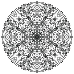 mandala with linear ornaments and flowers in folk style for coloring on a white background, vector