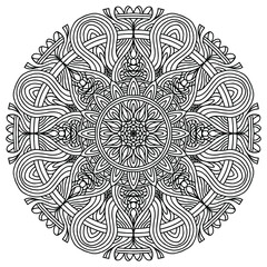 folk style mandala drawn with flowers and ornaments for coloring on a white background, vector