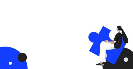 Woman gesture with jigsaw piece on isolated background, different pose, trendy 3d illustration, 3d render.