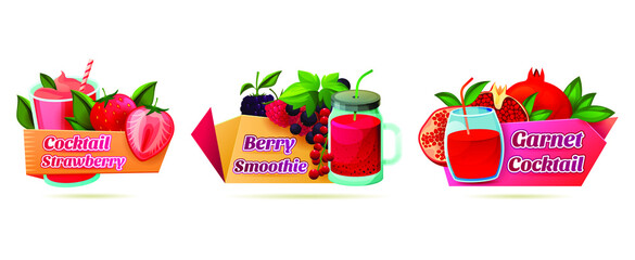 Volumetric label set for smoothie or cocktails. Decorative stickers for strawberry, berry and pomegranate drinks. Refreshing milky or fruity beverage.