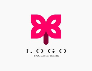 Simple pink butterfly flower logo. Nature logo concept with butterfly leaves. 