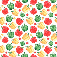 Peppers watercolor seamless pattern. Red, yellow, green peppers. Peppers harvest. Juicy vegetables. Vitamins. On white background. Summer print. For printing on fabrics, textiles, packaging, paper