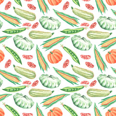 Vegetables watercolor seamless pattern (digital paper). Corn, beans, peas, pumpkin, zucchini, squash. Beans. Harvest vegetables. Autumn harvest. For printing on fabrics, textiles, packaging, paper