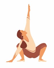 Pilates or Yoga exercises. Relaxing and harmony lifestyle. Young and happy woman meditates and practicing yoga. Trendy hand-drawn cartoon vector flat illustration.