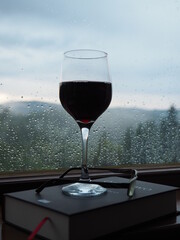 Kieliszek czerwonego wina i książka na tle okna © Pio Si