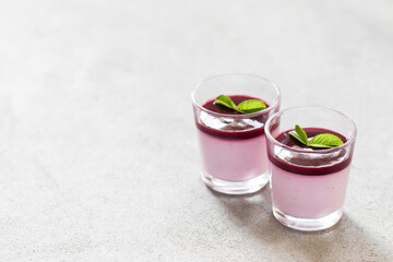 Jelly black currant with berry sauce in a glass on a light background copy space