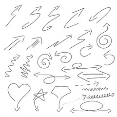 set of hand drawn simple black arrows for decoration of notes and decorative decoration on the website
