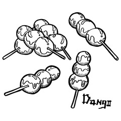 Dango on a stick. Balls of white rice in a sauce. Traditional dessert for festivals of Japanese cuisine. Vintage retro style. Isolated clipart set.