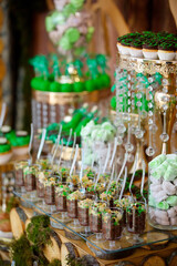 Beautiful and bright desserts on the festive table for the party. Confectionery with cream