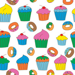 Seamless pattern with cupcakes in chalkboard style.