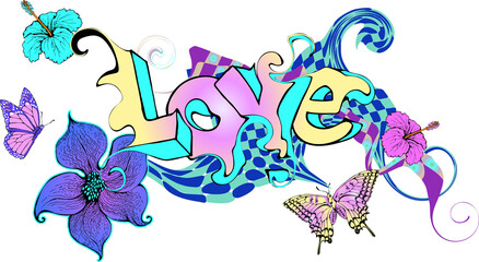  Drawn lettering love surrounded by flowers in the style of the 60s