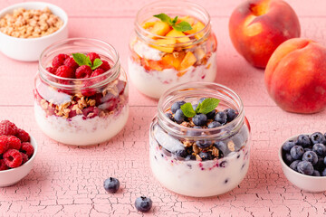 Healthy breakfast. Granola / muesli yoghurt and fruit.