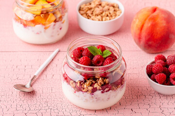 Healthy breakfast. Granola / muesli yoghurt and fruit.