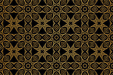 3D volumetric convex embossed geometric gold pattern. Ethnic floral oriental, asian, indian background with handmade elements, doodling technique.