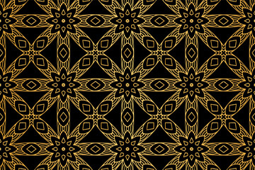 3D volumetric convex embossed geometric gold pattern. Ethnic floral beautiful oriental, asian, indian background with handmade elements, doodling technique.