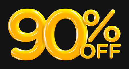 90 percent Off. Discount creative composition of golden or yellow balloons. 3d mega sale or ninety percent bonus symbol on black background. Sale banner and poster. Vector illustration. - obrazy, fototapety, plakaty