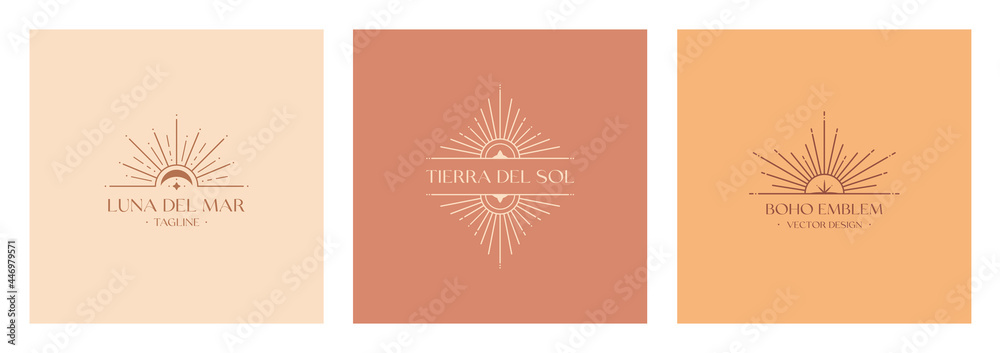 Wall mural set of vector bohemian logo design templates with sun and sunburst. boho linear icons or symbols in 