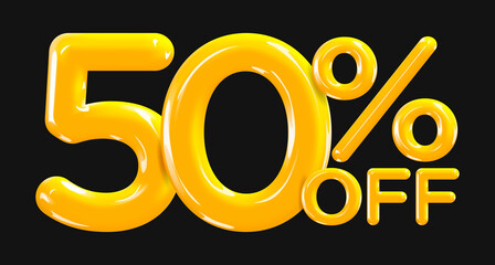 50 percent Off. Discount creative composition of golden or yellow balloons. 3d mega sale or fifty percent bonus symbol on black background. Sale banner and poster. Vector illustration. - obrazy, fototapety, plakaty