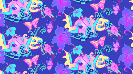 Fototapeta na wymiar Seamless pattern. Drawn lettering love surrounded by flowers and butterflies. Psychedelic style