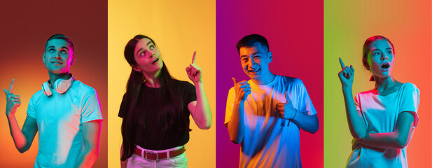 Portraits of group of people, two young girls and men on multicolored background in neon light,...